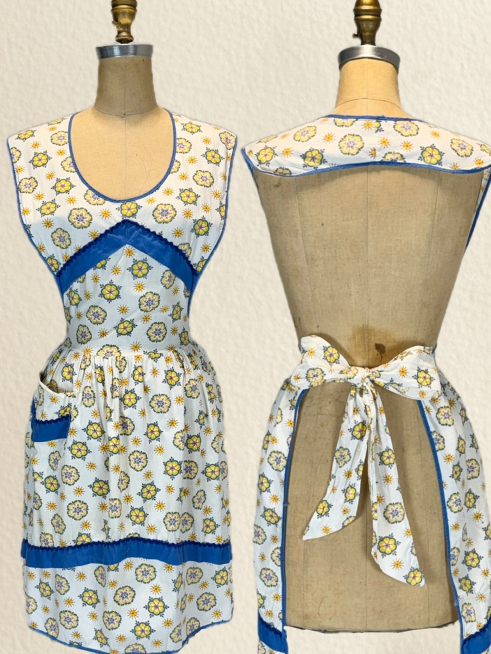 VINTAGE MCM full apron pinafore smock chore kitchen blue floral tie back 60s 50s